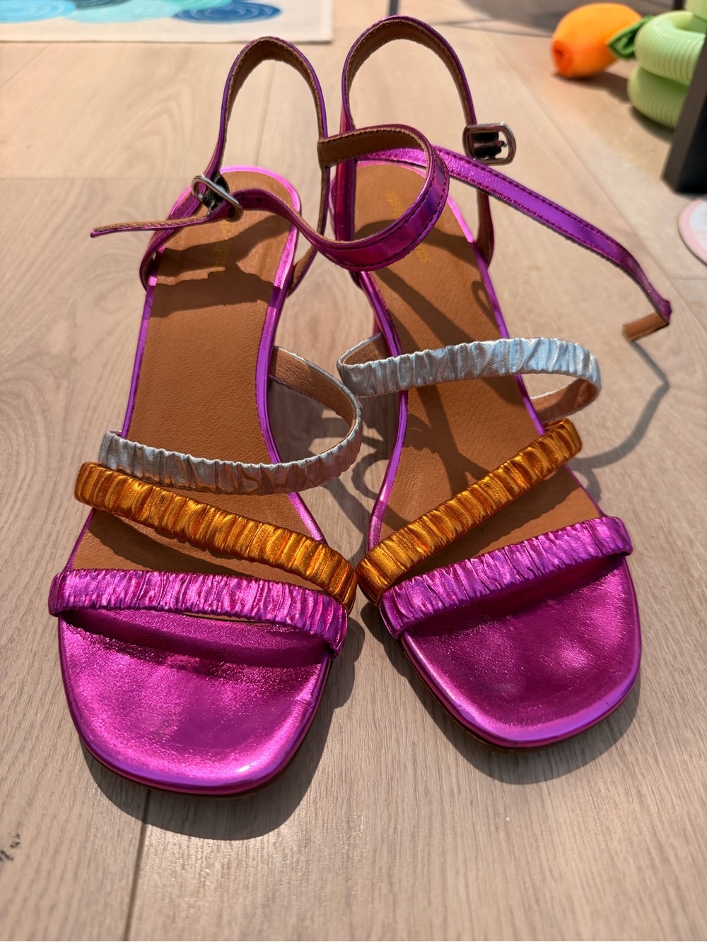 Metallic Pink Strappy Women's Sandals with Gold and Cream Accents